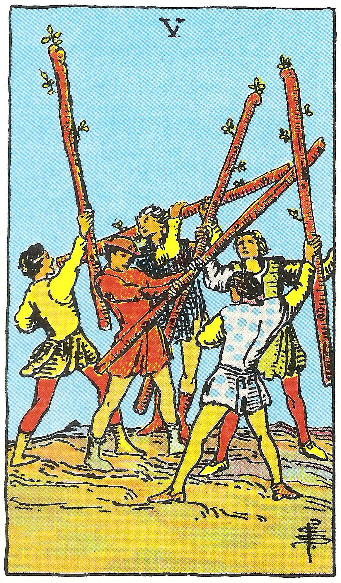 Fünf der Stäbe – Tarotkarte