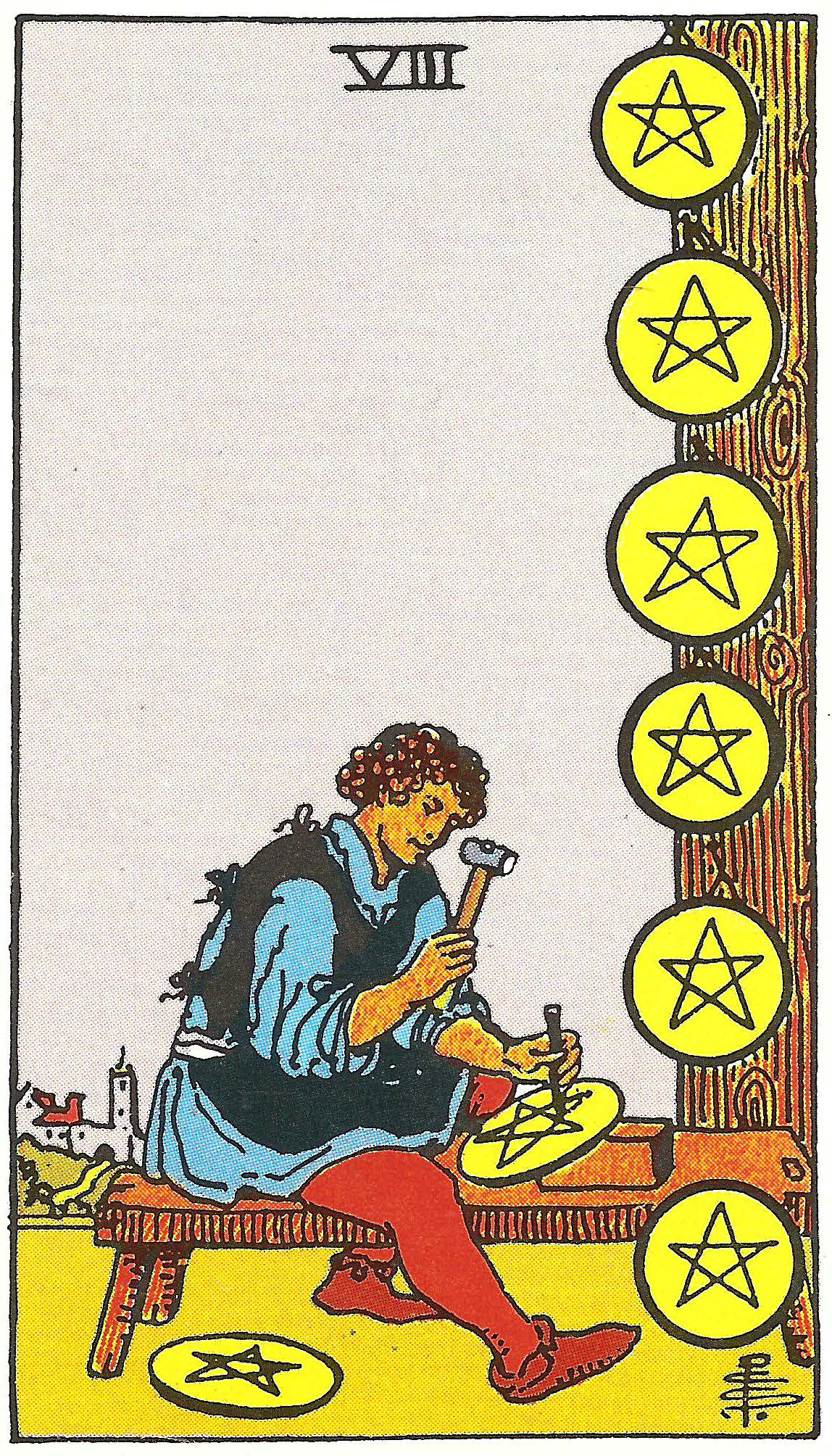 Acht der Münzen – Tarotkarte